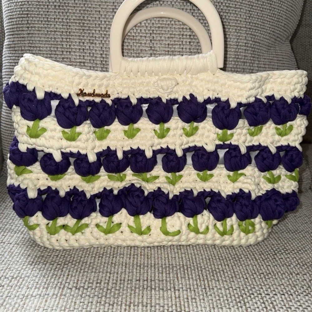 Elegant White and Purple Crochet Tote